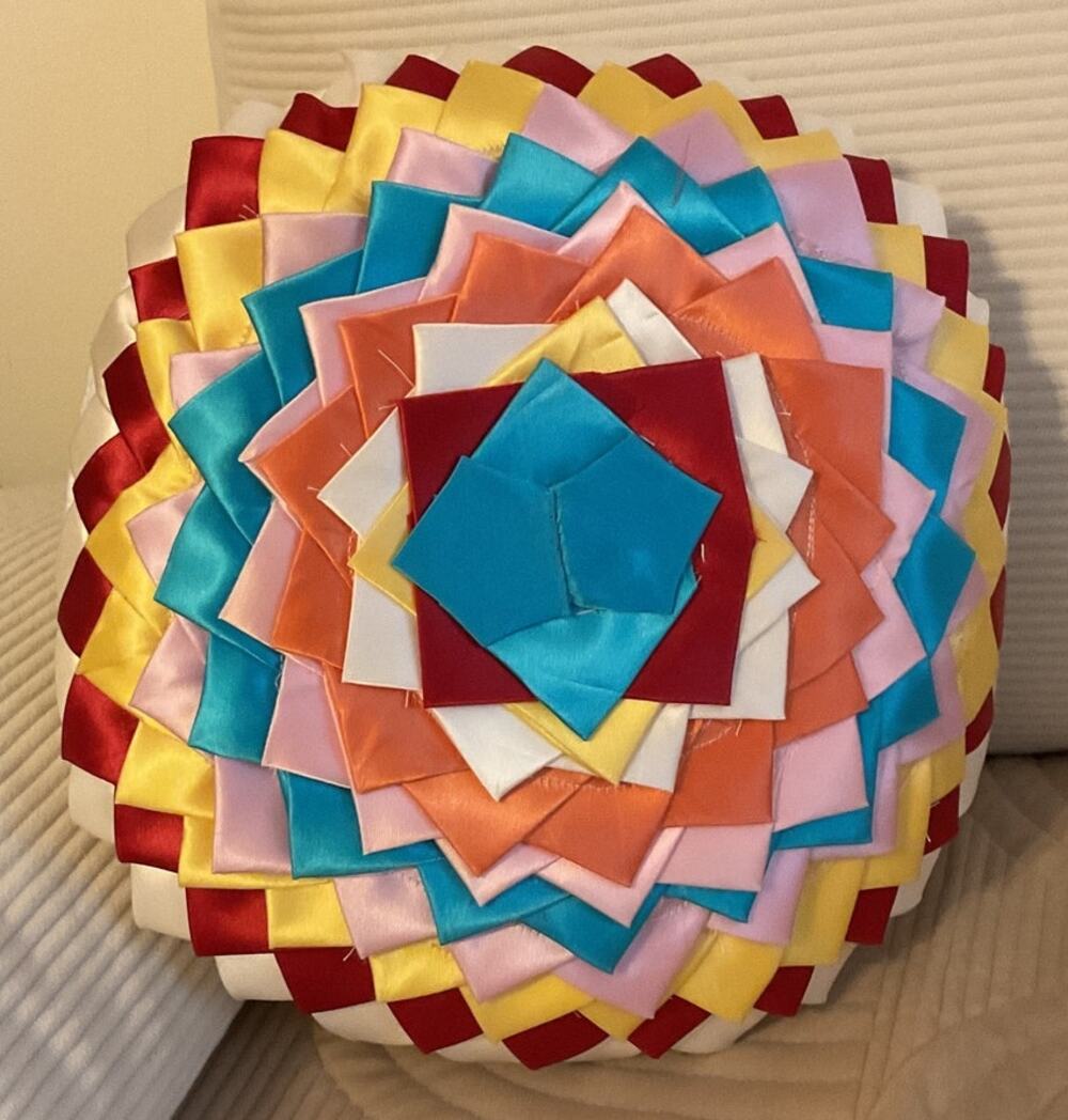 Vintage Round Crochet Granny Throw Pillow White Multicolor Handmade 1960’s